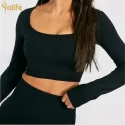 Wholesales female black seamless square neck long sleeve dry fit t-shirts sports