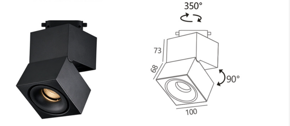 Aluminum 100x100mm 90 degree Adjustable Square 10W CRI90 surface mount downlight