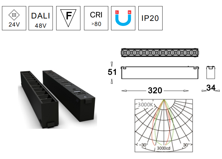 High Quality Aluminum Alloy 34mm Width DC24V 12W 24W 36W Magnetic Grille Light