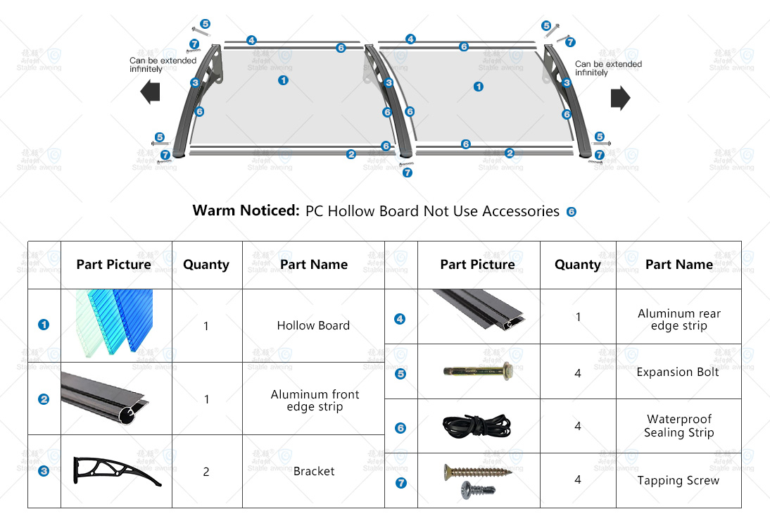 Window & Door Canopy with Hollow Board and Aluminum Brackets
