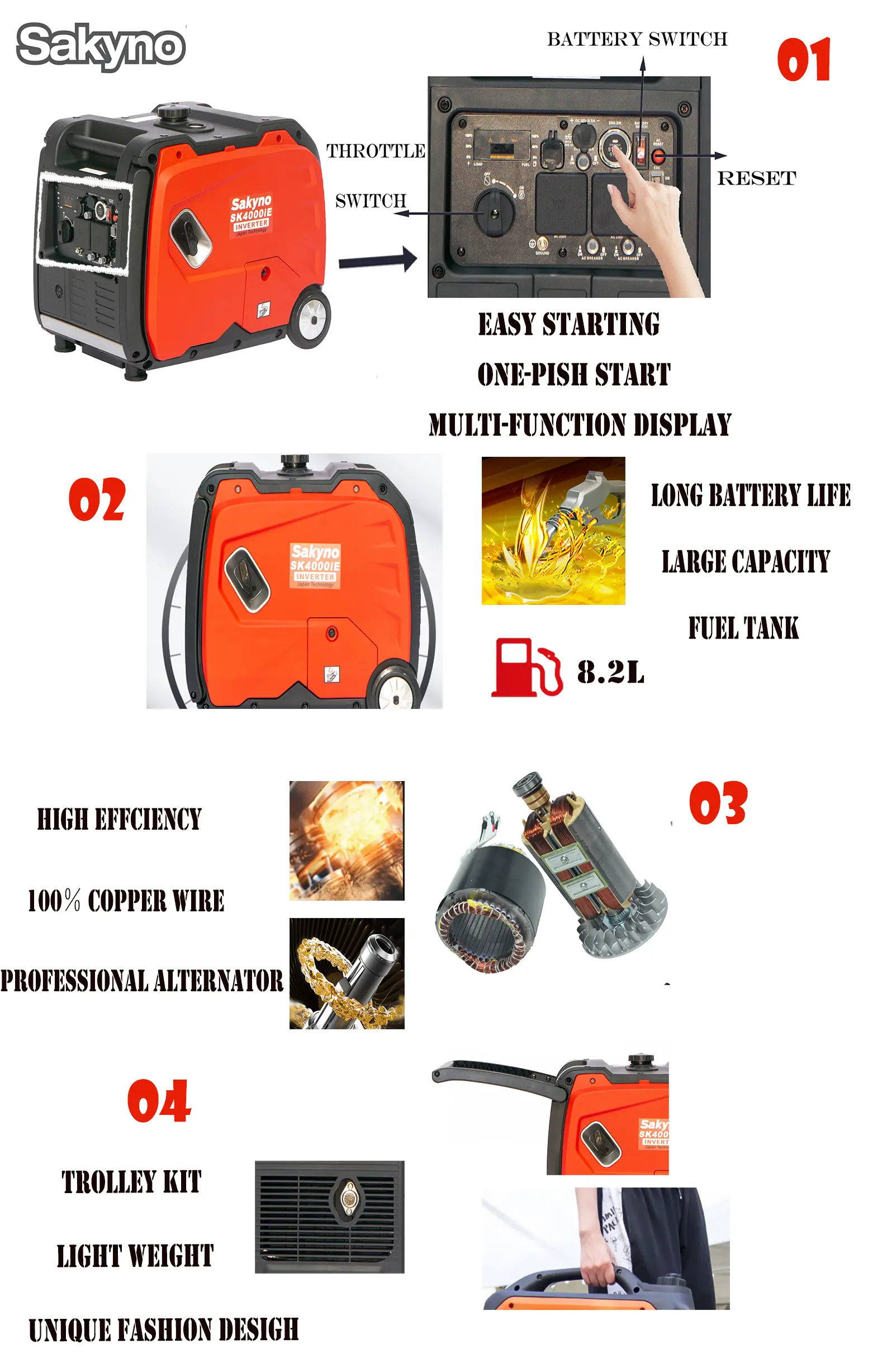 Easy-starting Portable Lightweight Silent Low Exhaust Small SK2500i Sakyno Inverter Generator