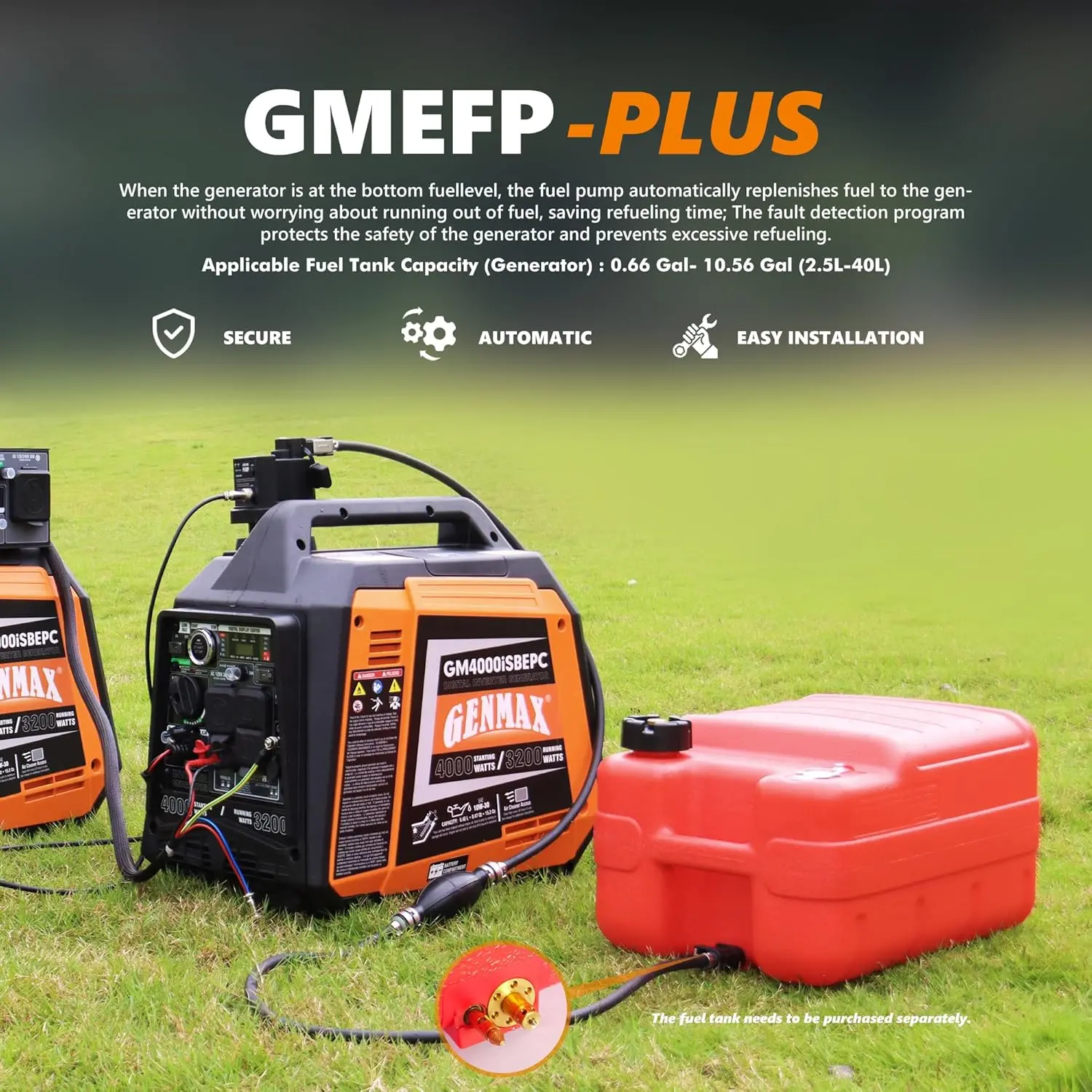 GMEFP-PLUS) GENMAX 12V DC Electric Fuel Pump with Auto Start-Stop Sensor,  auto Liquid Transfer Pump for E15, E85, Gas, Diesel & Morewith Overfill  Protection, Includes Adapters, Long Hose