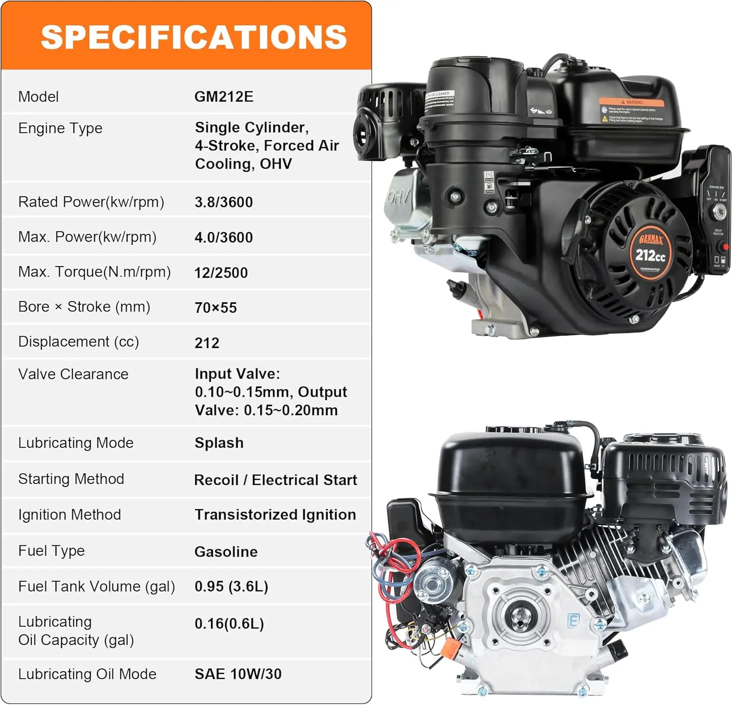 GENMAX GM212E 7HP 212cc Electric Start Engine, Horizontal Shaft 3