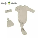 Custom Waffle fabric newborn baby sleeper solid color baby sleeping gown hat headband set