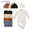 Custom solid color pajamas and hat set baby footie romper super soft waffle baby romper