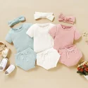 Factory custom High quality cotton waffle fabric headband tee shorts 3pcs baby girl summer clothes sets (5)