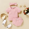 Factory custom High quality cotton waffle fabric headband tee shorts 3pcs baby girl summer clothes sets (3)
