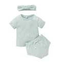 Factory custom High quality cotton waffle fabric headband tee shorts 3pcs baby girl summer clothes sets (2)