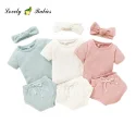 Factory custom High quality cotton waffle fabric headband tee shorts 3pcs baby girl summer clothes sets