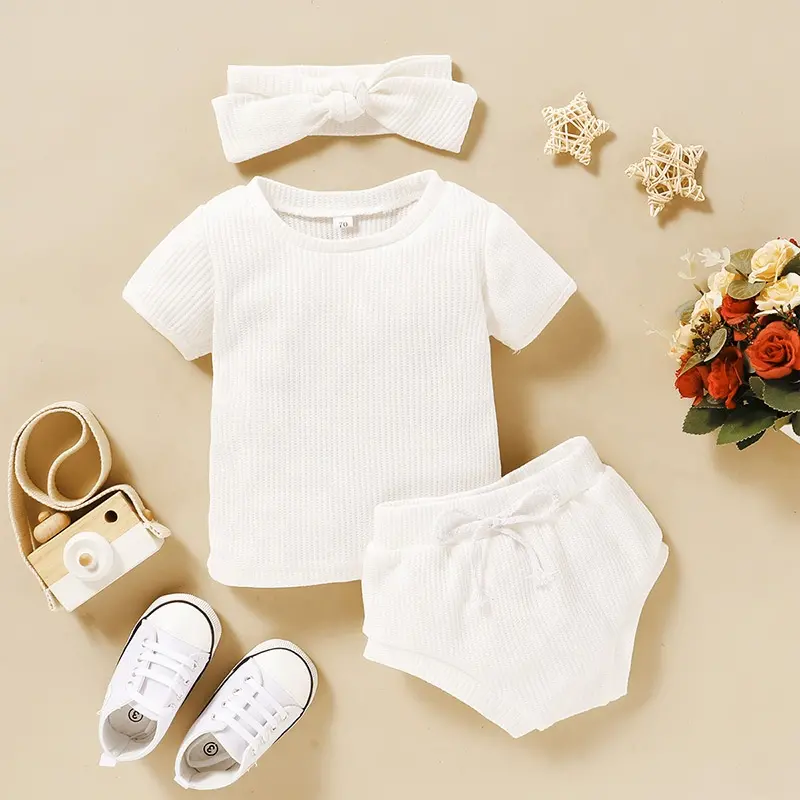 Factory custom High quality cotton waffle fabric headband tee shorts 3pcs baby girl summer clothes sets (4)