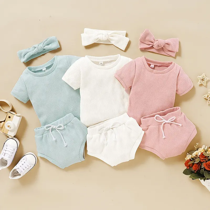 Factory custom High quality cotton waffle fabric headband tee shorts 3pcs baby girl summer clothes sets (5)