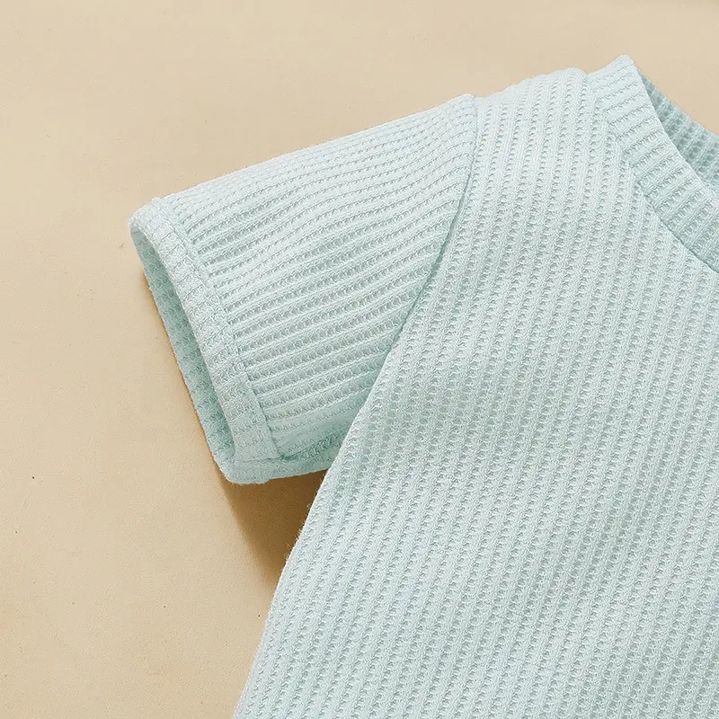 Factory custom High quality cotton waffle fabric headband tee shorts 3pcs baby girl summer clothes sets (6)