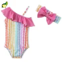 Private label One-shoulder rainbow stripes toddler's swimsuit with headband