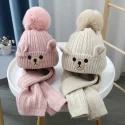 High Quality Winter Warm Beanie Little Bear Fur Pom Pom cap Children's Acrylic Knitted Hat Scarf Set For Kid