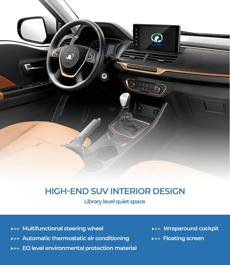 HIGH-END SUVINTERIOR DESIGN Library level quiet space Multifunctional steering wheel06 Automatic thermostatic air conditioning06VVVEO level environmental protection material >>> Wraparound cockpit Floating screen