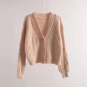 24.3 Solid Color Long Sleeve Crop V Neck Women Plus Size Cardigan Sweater