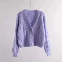 24.5 Solid Color Long Sleeve Crop V Neck Women Plus Size Cardigan Sweater