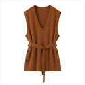 Mid-length V-neck Belted Vest Ladies Sweater