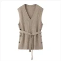 30.3 Mid length V neck belted vest ladies sweater